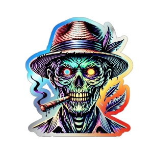 Cuban Zombie Holographic Skull Sticker - Colorful Die-Cut Design for Skateboards and Decor